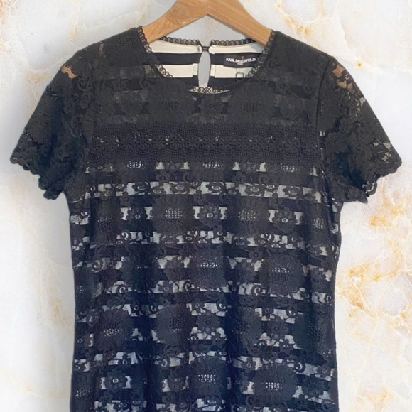 Karl Lagerfeld Paris Lace Stripe Shirt w/Collar M